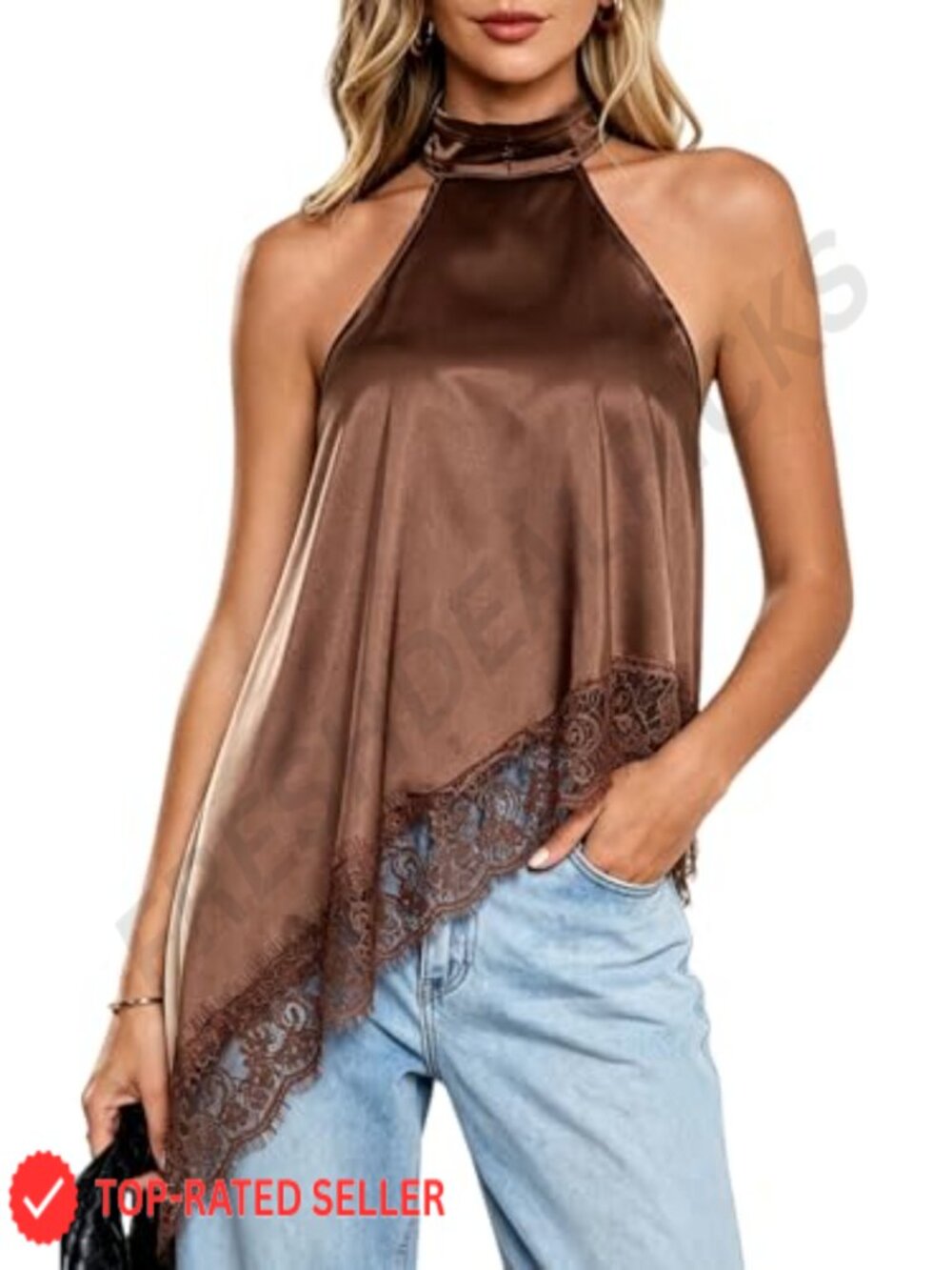 Lace Trim Halter Tank Top Asymmetrical Hem Mock Neck Women's